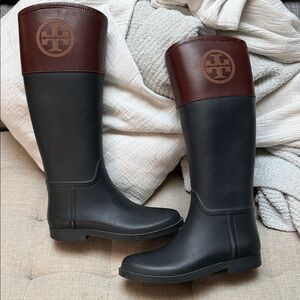 Tory Burch Black Rubber Rain Boots with Brown Leather Cuff